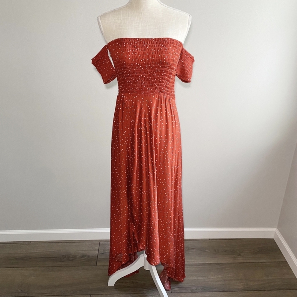 Olivaceous Dark Orange Polka Dot Maxi Dress
